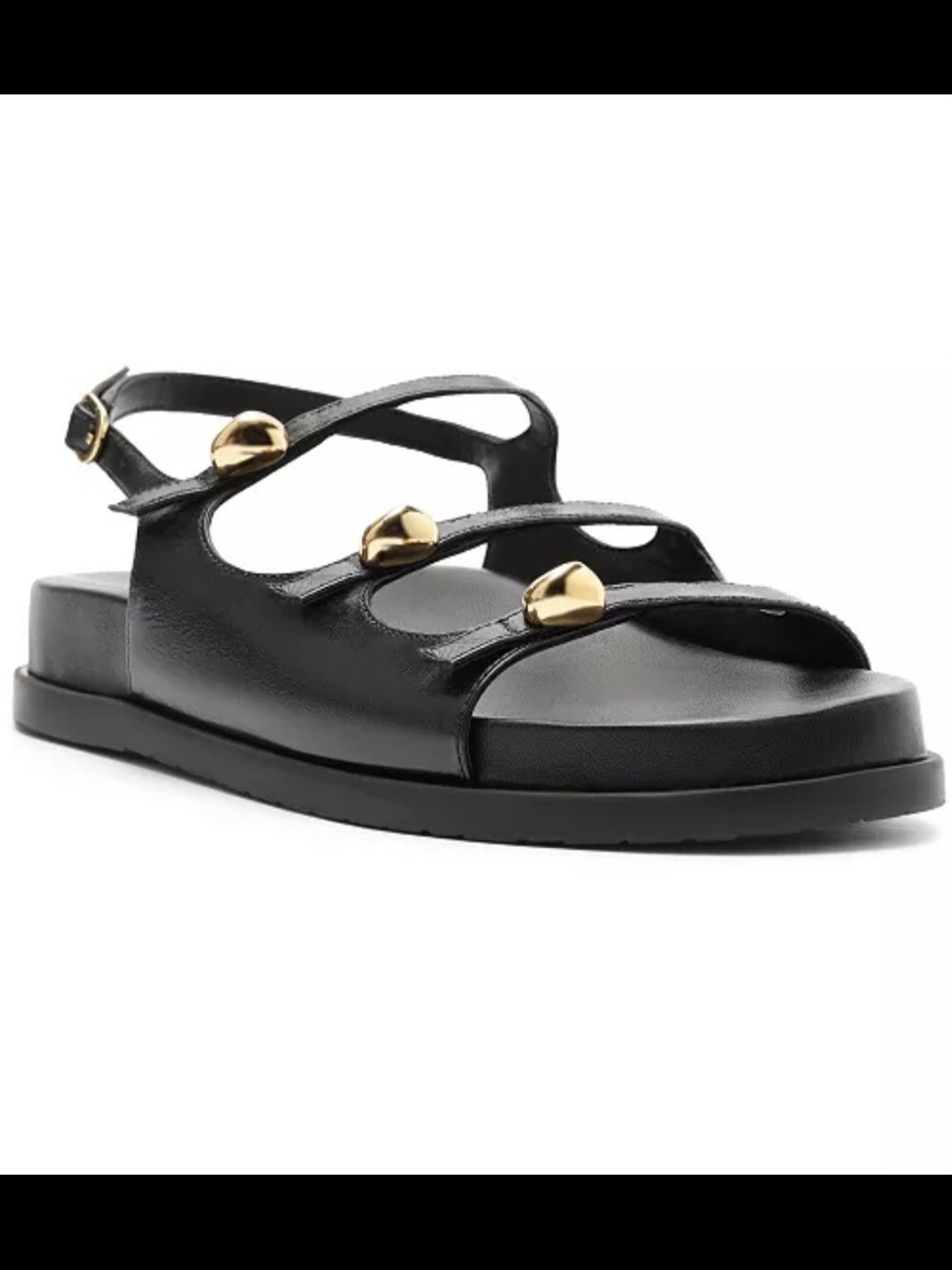 Arezzo Black Leather Triple-Strap Sandals with Gold Accents - Picture 5 of 6
